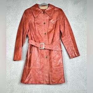 Women's Leather Belted Coat Size 12 Vintage Made in Belgium Brown Leather